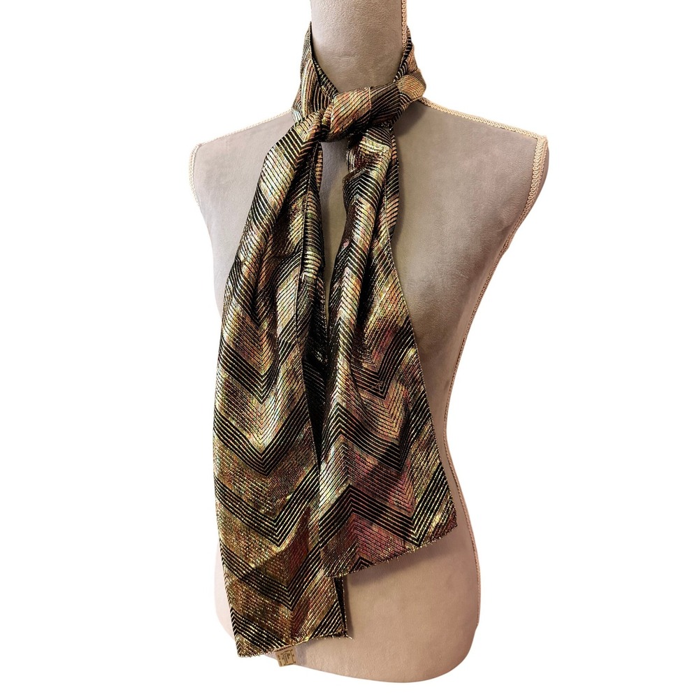 Vintage 70s 80s Elaine Scarf Gold Black Chevron Metallic Deadstock Disco Japan